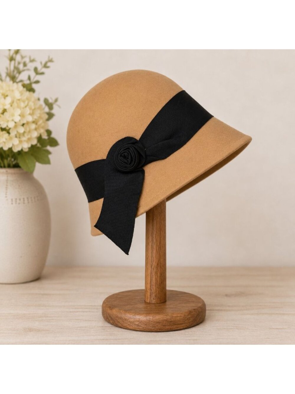 Camel Wool Cloche Hat Black Ribbon Floral Accent VTG Retro Winter Womens Fashion - Picture 4 of 16